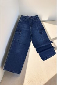 Resim Joui Co Çocuk %100 Pamuk Geniş Paça Bol Kesim Baggy Fit Oversize Kargo Cepli Kot Pantolon-824 