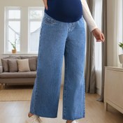 Resim Regüle Edilebilir Elastik Bel Maternite Kot Pantolon - Yırtık Kenar Geniş Paça Tasarım, Orta Esneklikte Rahat Kalıp, Bahar/Sonbahar Günlük Kullanım İçin Makinede Yıkanabilir Gevşek Hamilelık Pantolonu Cebi ile 