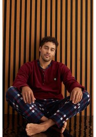 Resim Pijamoni Erkek Düğme Yaka Kışlık Polar Pijama Takımı 6100/14 - 1 Adet Bordo 
