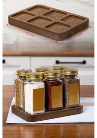 Resim 6'lı Kare Ahşap Standlı Baharatlık Gold Kapaklı-etiketli Cam Baharatlık Seti Mh01gld06k Gold - Şeffaf 