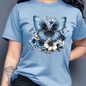 Resim Kadınların Çiçek Desenli Kelebek Baskılı T-Shirt'i, Kısa Kollu Yuvarlak Yaka Rahat Üst, Bahar ve Yaz için, Yeşil, Beyaz ve Mavi Çiçeklerle, Mükemmel Doğum Günü veya Tatil Hediyesi, Günlük Moda | Canlı Rahat Üst | Parlak Dokulu 