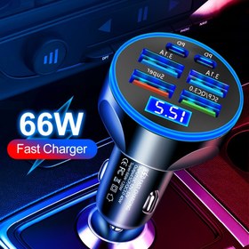 Resim 66W Voltaj Göstergeli Araç Şarj Cihazı 6 Portlu Şarj 4USB+2PD Süper Hızlı Şarj 12-24V Modeller Çoklu Uyumlu LED Atmosfer Işığı 