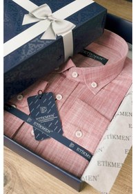Resim Vişne Yaka Düğmeli Keten Slimfit Hediye Kutulu Erkek Gömlek Vişne 