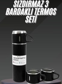 Resim AyrStore Termos Seti Paslanmaz Çelik 3 Bardaklı Vakumlu Termos Set 500 Ml 12 Saate Kadar Isı Koruma 