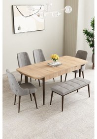 Resim Clara Meşe Desen 80x132 Açılabilir Mdf Masa Yemek Odası Takımı,mutfak Takımı 4 Sandalye 1 Bench Gri 