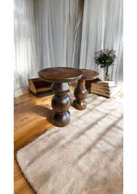 Resim Wood Wooden Ahşap 2'li Set Mantar Yan Sehpa Modern Fiskos / Ceviz Renk / Zigon Sehpa Vernikli Kahverengi 