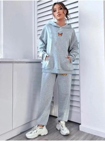 Resim LAND MODA Kadın Kelebek Baskılı Kapüşonlu Sweatshirt Eşofman Alt Üst Takımı 