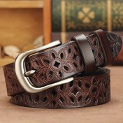 Resim Kadınlar için Metal Tokalı Vintage Çiçek Desenli Suni Deri Kemer - Ayarlanabilir saç tokası ve Döngü Kapanışı, Dekoratif Boş Tasarım, Kahverengi ve Siyah, Günlük Dışarı Çıkışlar İçin Mükemmel, Çok Yönlü Moda Aksesuarı | Çiçek Desenli Kemer | Alaşım Tokalı Kemer 