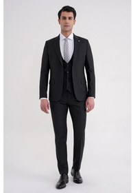 Resim Efor Slim Fit Çift Yırtmaç Çizgili Esnek Yünlü Siyah Yelekli Klasik Takım Elbise Tk 935 Siyah 