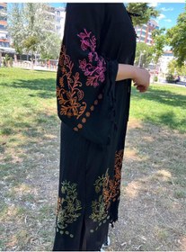 Resim Siyah Renkli Çiçek Desenli Kaftan Kimono Salaş Yazlık Plaj Ve Günlük Kullanım Çok Renkli 