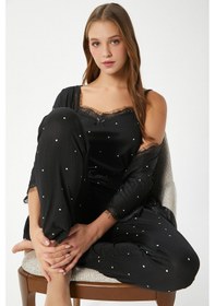 Resim Ritnice Kadın Betty Siyah Puantiyeli 3'lü Paket Sabahlıklı İp Askılı Dantelli Fitilli Örme Pijama Takımı Beyaz - Siyah 