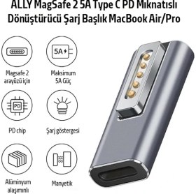 Resim Ally Magsafe 2 5A Type C Pd Mıknatıslı Dönüştürücü Şarj Başlık MacBook Air/pro 