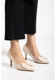 Resim Dilimler Ayakkabı Büyük Beden Kadın Stiletto İnce Topuklu Ayakkabı Bej Saten Fiyonklu-4296 Bej 