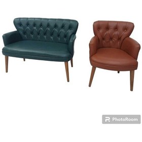 Resim Yeşil İkili Taba Tekli Deri Ahşap Ayaklı Ofis Koltuğu Kafe Sandalyesi Takımı 2+1 