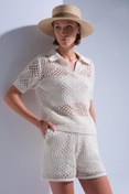 Resim Ajurlu Polo Yaka Ekru Bluz ve Crop Top 