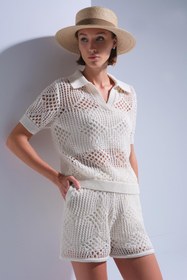 Resim Ajurlu Polo Yaka Ekru Bluz ve Crop Top 