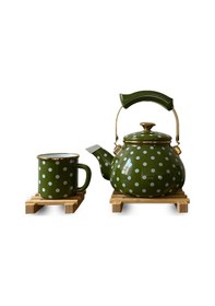 Resim Morponi Retro Emaye Çaydanlık Ve Kupa Takımı 6 Parça Puantiyeli Set Yeşil Yeşil 