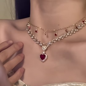 Resim Kadınlar İçin Işıltılı Kalp Çift Katmanlı Kolye - Kırmızı & Prenses Zincir, Günlük Kullanım için Kaplama Şık Takı, Yıl Boyu Çok Yönlü Aksesuar, İki Katmanlı Tasarım, Taş Süslemeli 