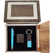 Resim Özel Ahşap Kutulu Mavi Kalem Anahtarlık Ve Çakmak Set 