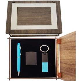 Resim Özel Ahşap Kutulu Mavi Kalem Anahtarlık Ve Çakmak Set 