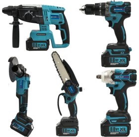 Resim Akülü 6 Lı Grup Set ( 5li Makina Seti Avuç Taşlama,kırıcı Delici,somun Sıkma Sökme,vidalama,budama Testere + 216 Parça Lokma Seti ) EEA432 