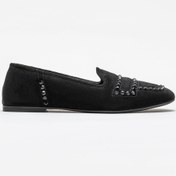 Resim Elle Siyah Deri Kadın Loafer 