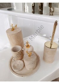 Resim Sarı Traverten Klasik Model 7 Parça Gold Renk Geyik Aksesuarlı Banyo Seti Sarı Traverten 
