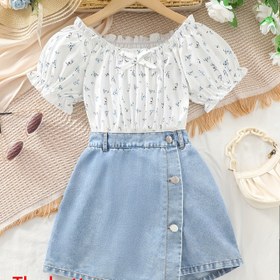 Resim Gençler için Rahat Yaz Kıyafeti, Dik Yaka, Çiçek Desenli, Kısa Zil Kollu, Düğme Detaylı Denim Şortlu İki Parça Moda Seti - Düzenli Üst ve Kıvrımlı Kollu, Diz Boyu Şortlu, Çiçek Desenli Üst ve Denim Şort, Giyim | Çiçek Desenli Üst | Denim Şort, Sevimli Şort, Dış Mekanlar İçin 