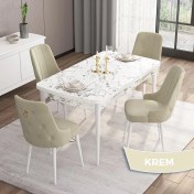 Resim Canisa Concept Are Serisi, Mdf 80X132 Açılabilir Beyaz Mermer Desen Mutfak Masa Takımı, 4 Sandalye Gold Halkalı 