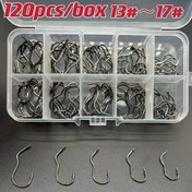 Resim 120 adet Karbon Çelik Çift Kanca Seti, Otomatik Döner Balık Kanca - Kaçış Engelleme Dikenli Olta Kanca Çeşitli Boyutlar 13# ile 17# Tuzlu ve Tatlı Su Balıkçılığı için, Kutulu Set 