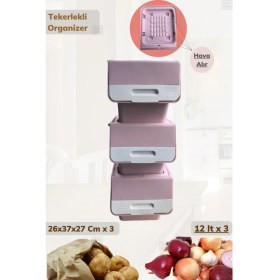 Resim 3'lü Tekerlekli Sebzelik BPA Free Soğanlık Oyuncaklık Organizer Beyaz Pembe 12 Lt 