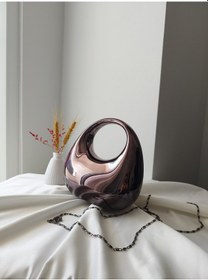 Resim Vivazzaluxe Modern Tasarım Oval Tutmalı Küçük Boy Kadın Abiye El, Omuz Çanta Metalik 