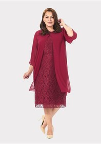 Resim Lilas Xxl Büyük Beden Bordo Renkli Dantelli Dantelli Şifon Ceketli Abiye Elbise Vişneçürüğü 