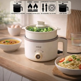 Resim Mioji EP50 600W 1.5L Çok Fonksiyonlu Elektrikli Pişirici Beyaz 
