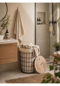 Resim Uykula Banyo Düzenleyici Tel Kirli Sepet Ahşap Kapaklı Metal Gövde Kumaşlı Çamaşır Sepeti Banyo Aksesuar Siyah 