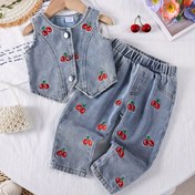 Resim 2 Parça Denim Kiraz Baskılı ve Süslemeli Yelek & Geniş Paçalı Pantolon Takım - Mavi Fringedetaylı Kot Kıyafet, Çamaşır Makinesinde Yıkanabilir İlkbahar/Yaz Günlük Oyun Giysisi (Elastiksiz, Kolay Bez Değişimi), 