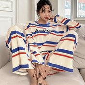 Resim Bayanlar için şık ve rahat desenli harf baskılı pijama takımı, bol kesim yuvarlak omuzlu uzun kollu tişört üstü ve beli elastik şort, tüm mevsimler için uygun konforlu ev giysisi, yumuşak polyester karışım kumaş, makinede yıkanabilir bayan pijama seti 