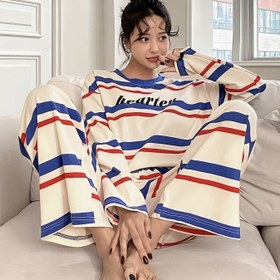 Resim Bayanlar için şık ve rahat desenli harf baskılı pijama takımı, bol kesim yuvarlak omuzlu uzun kollu tişört üstü ve beli elastik şort, tüm mevsimler için uygun konforlu ev giysisi, yumuşak polyester karışım kumaş, makinede yıkanabilir bayan pijama seti 