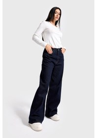 Resim Itsbasic Kadın İndigo Renk 7w5-50 Palazzo Baggy Fit %100 Koton İç Boy 83cm Denim Jean 