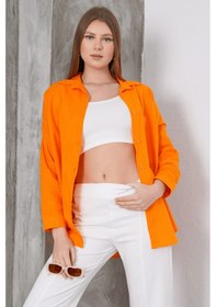 Resim Paw Garage Kadın London Keten Tek Cepli Oversize Gömlek, Premium Kalite Keten Gömlek Turuncu 