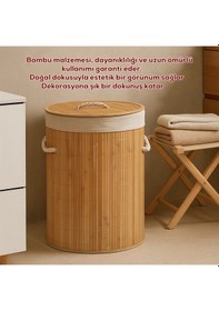 Resim Porsima Pbt-052 Kapaklı Kirli Çamaşır Sepeti Yuvarlak - Bambu Kirli Çamaşır Sepeti Bambu 