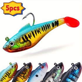 Resim 5'li Paket 11cm/24.6g Yumuşak Balıkçılık Yemleri - T-Kuyruk Bass Killer Yemler, Tatlı ve Tuzlu Su Basları, Turna, Alabalık için Gerçekçi Çok Renkli Yemler, 3 Üçlü Kancalı, Torbalı Yapay Yemekler, Silüet Balık Tasarımı 
