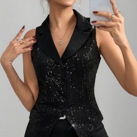 Resim 2025 Yaz Retro Şık Yaka Detaylı Pullu Kolsuz Siyah Hırka Çok Amaçlı Üst 