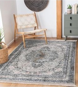 Resim RealHomes Gri Zeminde Göbekli Halı Motifli Uşak Desenli Avangarde Eskitme Motifli Kaymaz Taban Saçaklı Halı HaliDik-Deluxe-11628, 150 x 150 