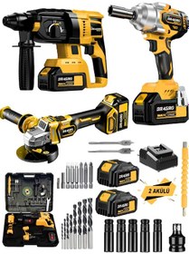 Resim Dragro DRG-smn128 Sarı 128 V 3'lü Set Kırıcı Delici Somun Sıkma Taşlama Makinesi 2 Akülü Kömürsüz Full Set 