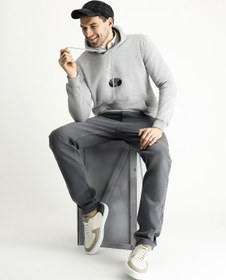 Resim Açık Gri Melanj Kapüşonlu Baskılı Pamuklu Sweatshirt 