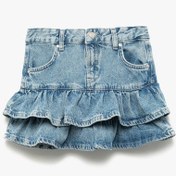 Resim Koton Pamuklu Fırfır Detaylı Katlı Cepli Mini Denim Etek Lıght Indıgo 5skg70017ad Açık Mavi 