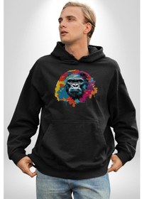Resim Renkli Maymun Goril Kadın Erkek Siyah Kapüşonlu Sweatshirt Hoodie Siyah 