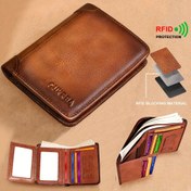 Resim Vintage Erkekler İçin Sığır Derisi Cüzdan, RFID Koruma Özellikli Çok Fonksiyonlu Kısa Kredi Kartı ve Kimlik Tutucu Üst Katmanlı Para Çantası - Babalar Günü Hediyesi 