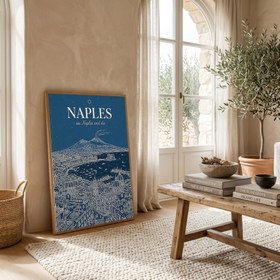 Resim Naples Line Art Print - Navy Mount Vesuvius Bay Skyline Wall Art - Wooden Frame - White / 8,3 x 11,7" (21x30) 